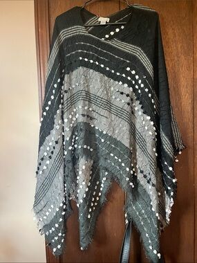 Demdaco Black and Gray Knit Shawl with White Pom Embroidery